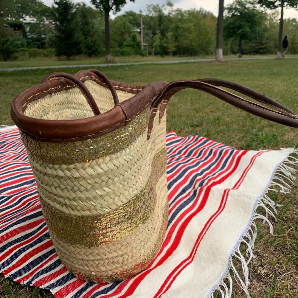 NWT French basket with genuine leathers handles beach basket - Picture 3 of 4